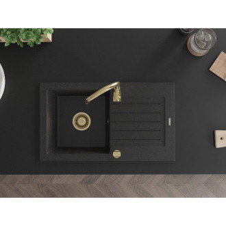 Mexen Pablo 1miskový granitový dřez s odkapávačem 752 x 436 mm, černá/stříbrná metalíza, zlatý sifon - 6510751010-73-G