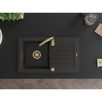 Mexen Pablo 1miskový granitový dřez s odkapávačem 752 x 436 mm, černá/zlatá metalíza, zlatý sifon - 6510751010-75-G