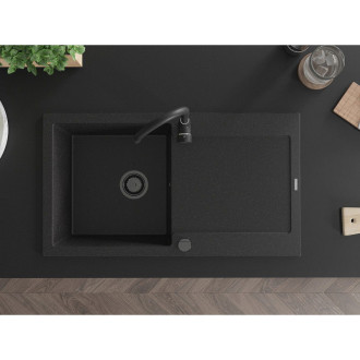 Mexen Leo granitový dřez 1miska s odkapávačem 900 x 500 mm, černá/stříbrná metalíza, černý sifon - 6501901010-73-B