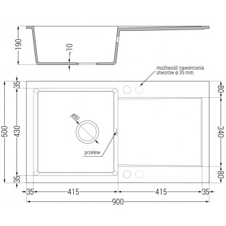 Mexen Leo granitový dřez 1miska s odkapávačem 900 x 500 mm, černá/stříbrná metalíza, černý sifon - 6501901010-73-B