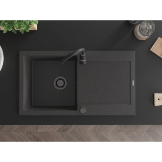 Mexen Leo granit dřez 1miska s odkapem 900x500, melír černý, černý sifon 6501901010-76-B