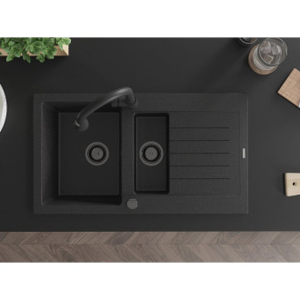 Mexen Matias granitový dřez 1,5 misky s odkapávačem 900 x 505 mm černá/stříbrná metalíza, černý sifon - 6502901505-73-B
