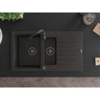 Mexen Matias granitový dřez 1,5 miska s odkapávačem 900 x 505 mm, černá/zlatá metalíza, černý sifon - 6502901505-75-B