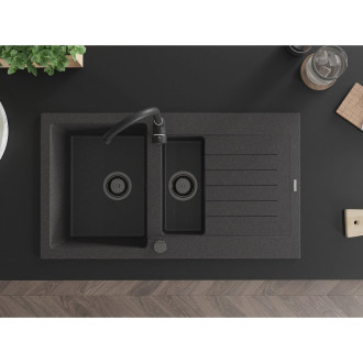 Mexen Matias granitový dřez 1,5 miska s odkapávačem 900 x 505 mm, melír černý, černý sifon - 6502901505-76-B