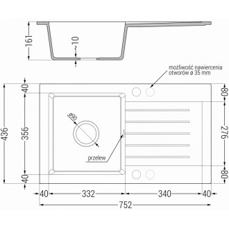 Mexen Pablo 1miskový granitový dřez s odkapávačem 752 x 436 mm, černá/stříbrná metalíza, černý sifon - 6510751010-73-B