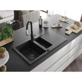 Mexen Matias 1,5miskový granitový dřez s odkapávačem a kuchyňskou baterií Savita, černá/stříbrná - 6502-73-672601-70-B