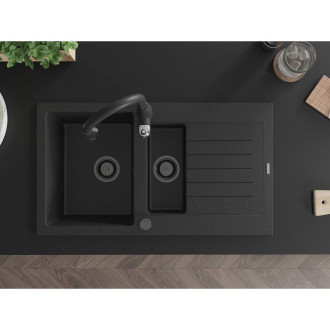 Mexen Matias 1,5miskový granitový dřez s odkapávačem a kuchyňskou baterií Savita, černá/stříbrná - 6502-73-672601-70-B