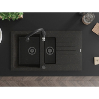 Mexen Matias 1,5miskový granitový dřez s odkapávačem a kuchyňskou baterií Savita, černo/zlatá - 6502-75-672601-70-B