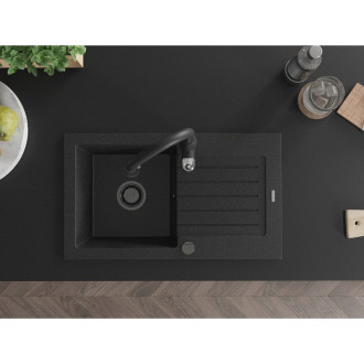 Mexen Pablo 1-miskový granitový dřez s odkapávačem a kuchyňskou baterií Savita, černá/stříbrná - 6510-73-672601-70-B