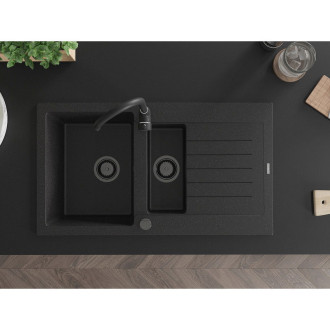 Mexen Matias granitový dřez 1,5 misky s odkapávačem a kuchyňskou baterií Telma, černá/stříbrná - 6502-73-670200-70-B