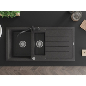 Mexen Andres 1,5miskový granitový dřez s odkapávačem a kuchyňskou baterií Carla, skvrnitá černá - 6515-76-670700-70