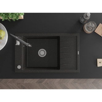 Mexen Elias 1miskový granitový dřez s odkapávačem a kuchyňskou baterií Aster, černá/zlatá metalíza - 6511-75-73450-70