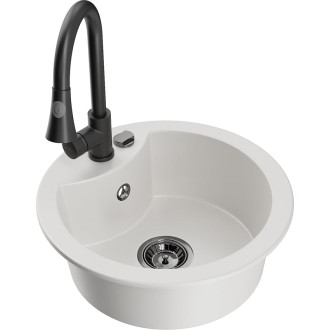 Jednodřezový žulový dřez Mexen Diego s kuchyňskou baterií Elia, bílý - 6512-20-670101-70