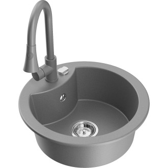 Jednodřezový žulový dřez Mexen Diego s kuchyňskou baterií Elia, šedý - 6512-71-670101-71