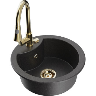 Jednodřezový žulový dřez Mexen Diego s kuchyňskou baterií Elia, černá tečkovaná - 6512-76-670101-50