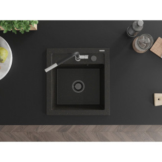 Mexen Vito 1-miskový granitový dřez s kuchyňskou baterií Flora, černá/zlatá metalíza - 6503-75-670401-07-B