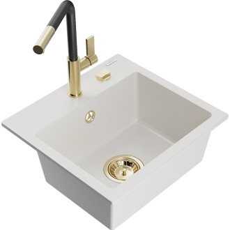 Jednodřezový žulový dřez Mexen Milo s kuchyňskou baterií Flora, bílý - 6505-20-670401-57-G