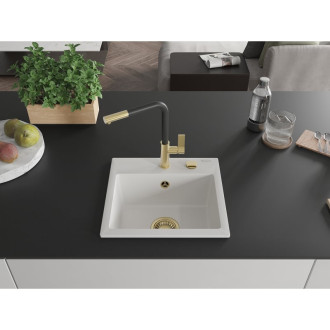 Jednodřezový žulový dřez Mexen Milo s kuchyňskou baterií Flora, bílý - 6505-20-670401-57-G