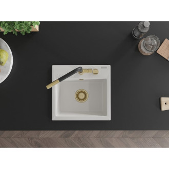 Jednodřezový žulový dřez Mexen Milo s kuchyňskou baterií Flora, bílý - 6505-20-670401-57-G
