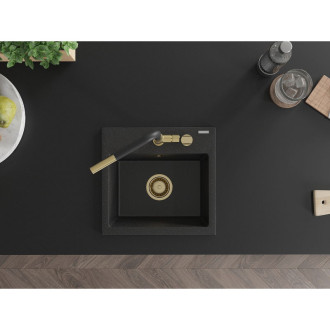 Jednodřezový žulový dřez Mexen Milo s kuchyňskou baterií Flora, černá/stříbrná metalíza - 6505-73-670401-57-G