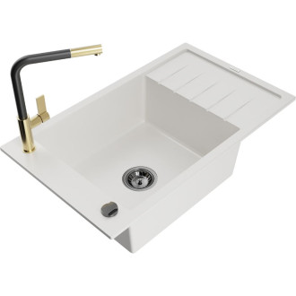Jednodřezový žulový dřez Mexen Elias s odkapávačem a kuchyňskou baterií Flora, bílý - 6511-20-670401-57-B