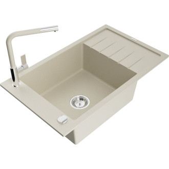Jednodřezový žulový dřez Mexen Elias s odkapávačem a kuchyňskou baterií Flora, béžový - 6511-69-670401-09