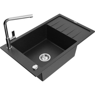 Jednodřezový žulový dřez Mexen Elias s odkapávačem a kuchyňskou baterií Flora, černá/stříbrná metalíza - 6511-73-670401-00