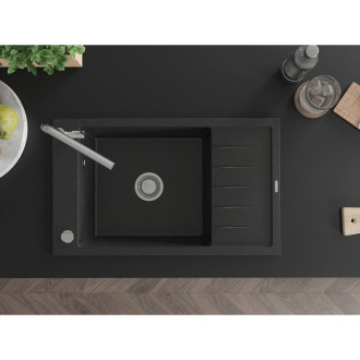 Jednodřezový žulový dřez Mexen Elias s odkapávačem a kuchyňskou baterií Flora, černá/stříbrná metalíza - 6511-73-670401-00