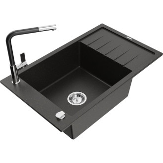 Jednodřezový žulový dřez Mexen Elias s odkapávačem a kuchyňskou baterií Flora, černá/zlatá metalíza - 6511-75-670401-07