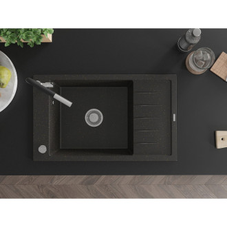 Jednodřezový žulový dřez Mexen Elias s odkapávačem a kuchyňskou baterií Flora, černá/zlatá metalíza - 6511-75-670401-07