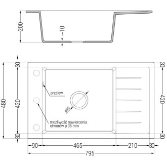 Jednodřezový žulový dřez Mexen Elias s odkapávačem a kuchyňskou baterií Flora, černá/zlatá metalíza - 6511-75-670401-07