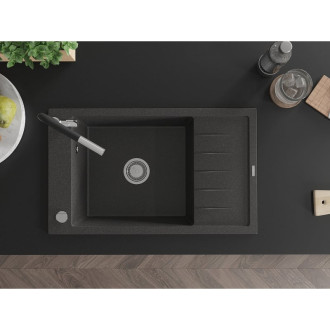 Jednodřezový žulový dřez Mexen Elias s odkapávačem a kuchyňskou baterií Flora, černá tečkovaná - 6511-76-670401-07