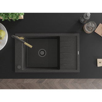 Jednodřezový žulový dřez Mexen Elias s odkapávačem a kuchyňskou baterií Flora, černá tečkovaná - 6511-76-670401-75-B