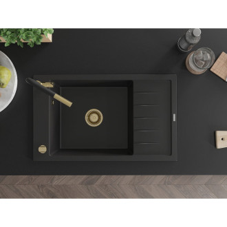 Jednodřezový žulový dřez Mexen Elias s odkapávačem a kuchyňskou baterií Flora, černý - 6511-77-670401-57-G