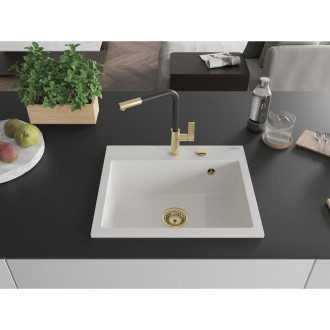 Jednodřezový žulový dřez Mexen Oscar 580 x 490 mm, bílý, zlatý sifon - 6519581000-20-G