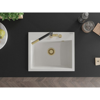 Jednodřezový žulový dřez Mexen Oscar 580 x 490 mm, bílý, zlatý sifon - 6519581000-20-G