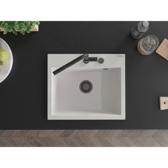 Mexen Oscar 1miskový granitový dřez 580 x 490 mm, bílý, černý sifon - 6519581000-20-B