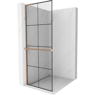 Mexen Kioto+ L Sprchová zástěna s poličkou 80 x 200 cm, černá mřížka, kartáčovaná měď - 800-080-123-65-77