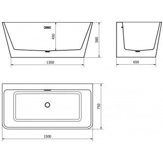 Volně stojící závěsná vana Mexen Volta 150 x 75 cm, bílá, přepad v barvě dělového kovu - 51131507500-95