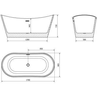 Volně stojící vana Mexen Montana 170 x 80 cm, bílá, přepad v barvě dělového kovu - 52011708000-95
