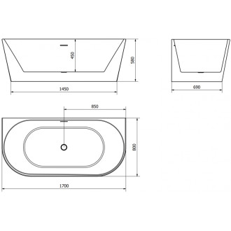 Volně stojící závěsná vana Mexen Oval 170 x 80 cm, bílá, černý přepad - 52671708000-70