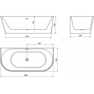 Volně stojící závěsná vana Mexen Oval 180 x 80 cm, bílá, přepad v barvě dělového kovu - 52671808000-95