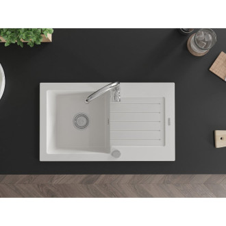 Jednodřezový žulový dřez Mexen Pablo s odkapávačem 752 x 436 mm, bílý, chromovaný sifon - 6510751010-20
