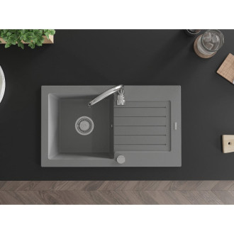 Jednodřezový žulový dřez Mexen Pablo s odkapávačem 752 x 436 mm, šedý, chromovaný sifon - 6510751010-71