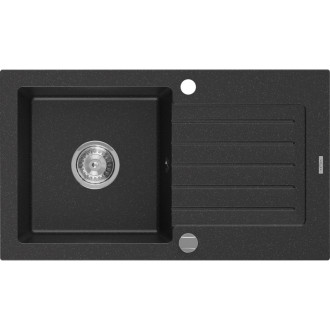 Jednodřezový žulový dřez Mexen Pablo s odkapávačem 752 x 436 mm, černá/stříbrná metalíza, chromovaný sifon - 6510751010-73