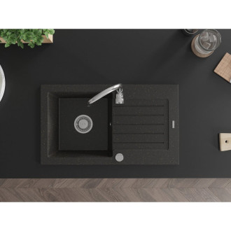 Jednodřezový žulový dřez Mexen Pablo s odkapávačem 752 x 436 mm, černá/zlatá metalíza, chromovaný sifon - 6510751010-75