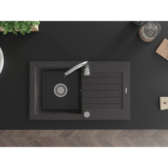 Jednodřezový žulový dřez Mexen Pablo s odkapávačem 752 x 436 mm, černá tečka, chromovaný sifon - 6510751010-76