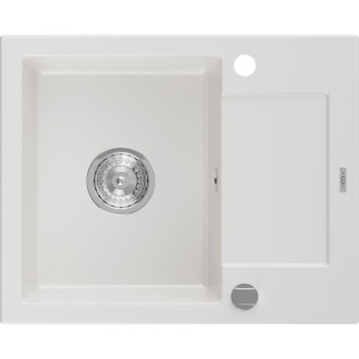 Jednodřezový žulový dřez Mexen Enzo s odkapávačem 576 x 465 mm, bílý, chromovaný sifon - 6506571005-20