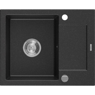 Jednodřezový žulový dřez Mexen Enzo s odkapávačem 576 x 465 mm, černá/stříbrná metalíza, chromovaný sifon - 6506571005-73