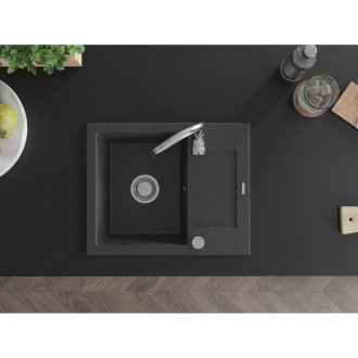 Jednodřezový žulový dřez Mexen Enzo s odkapávačem 576 x 465 mm, černá tečka, chromovaný sifon - 6506571005-76